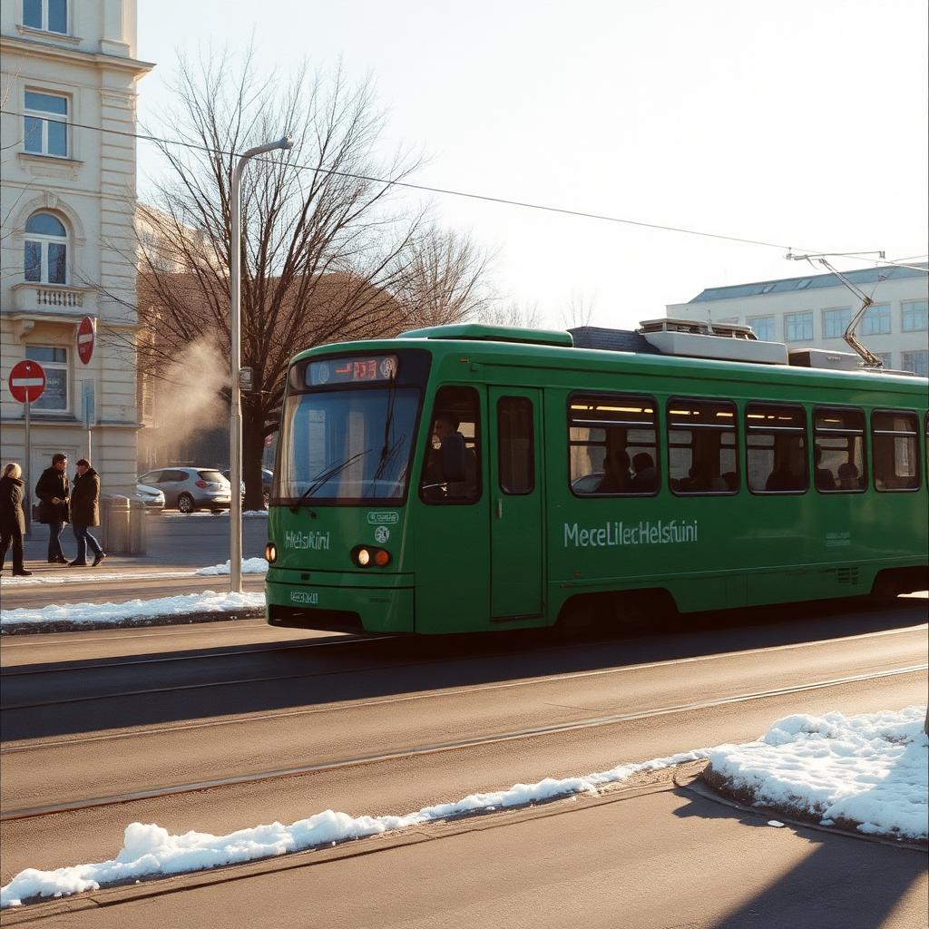 Ratikka aamun sinisessä valossa Helsingissä.